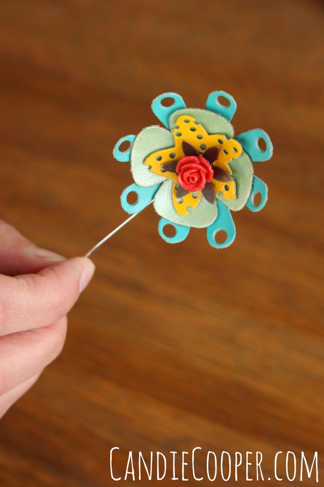 Leather flower pin with Leather Cord USA flowers